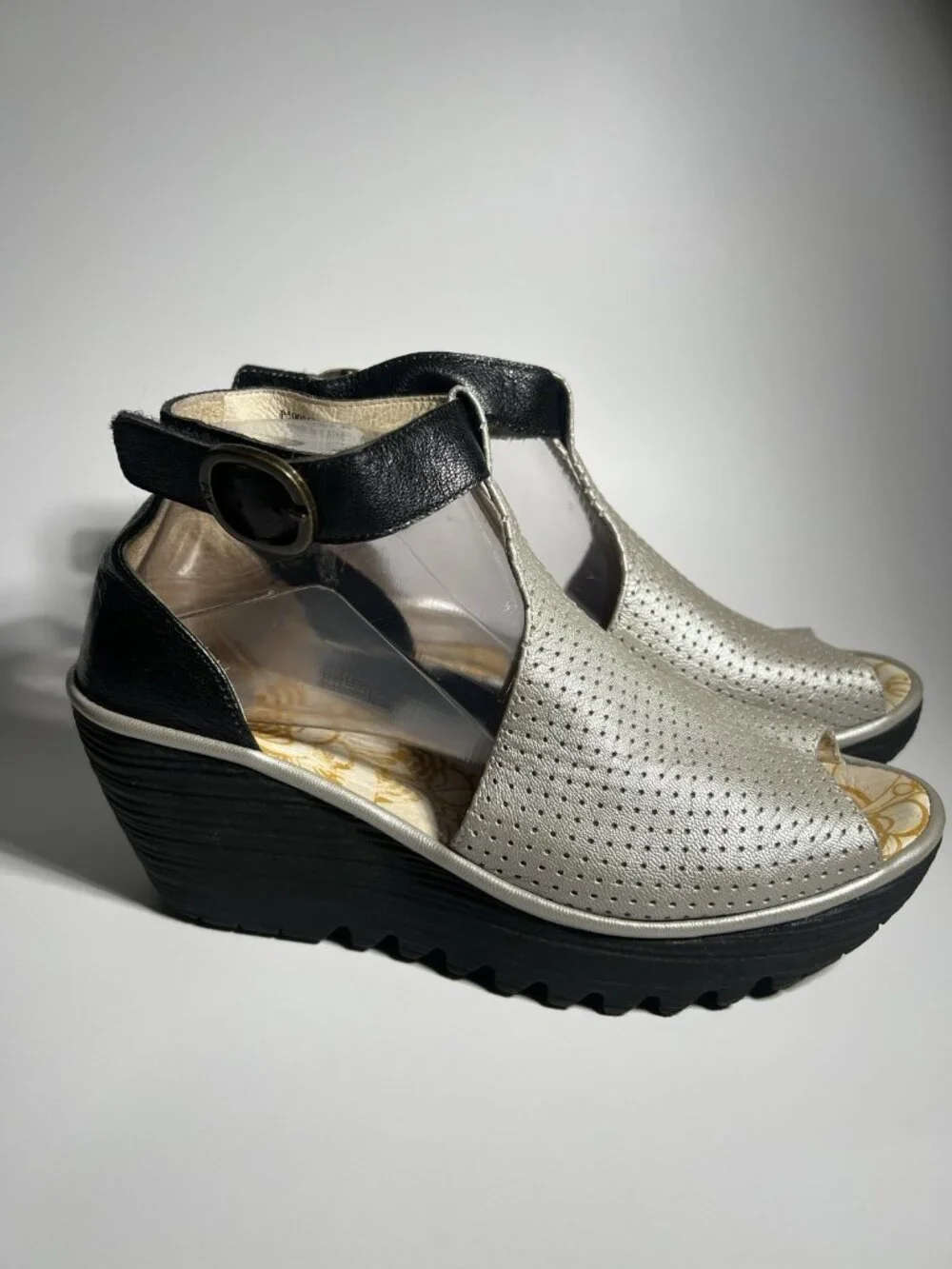 Fly London Metallic Silver Black Leather Wedge Slip On Shoes EU 40